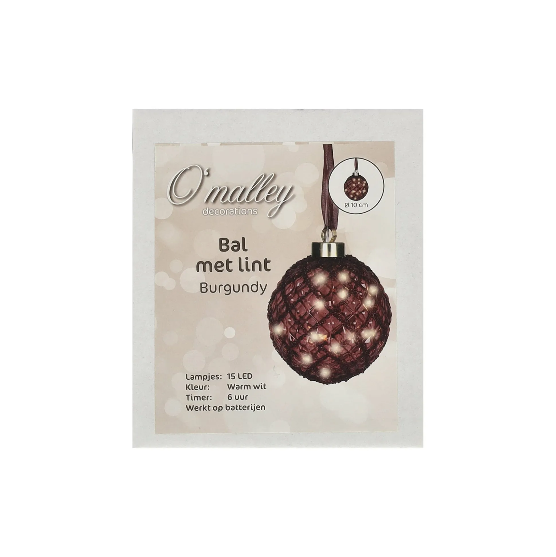 Bal met lint burgundy 10 cm 15 LED-warm wit