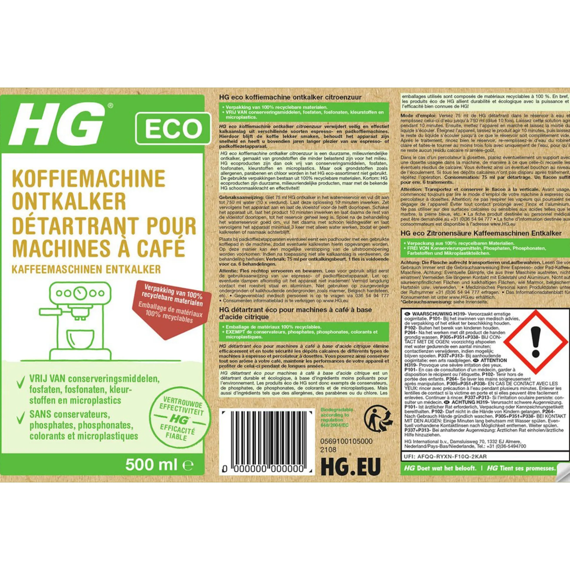 HG ECO koffiemachine ontkalker citroenzuur 0.5L NL/BE