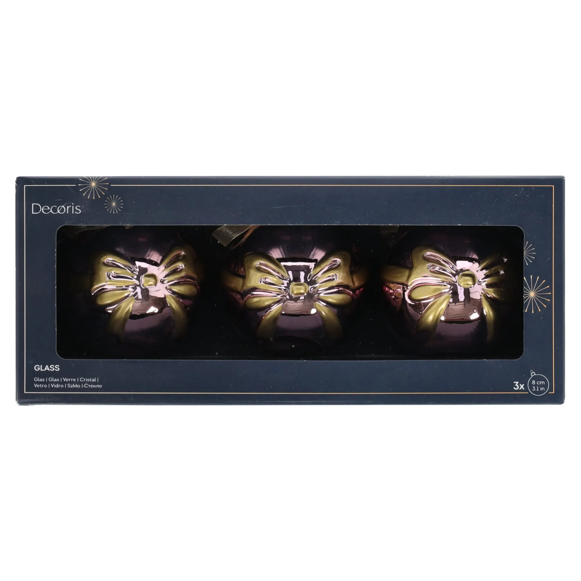 Kerstbal glas strik roze 8 cm 3st.