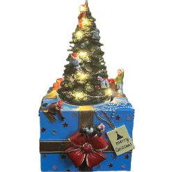 Kerstdorp boom met geschenk 11x11x21cm