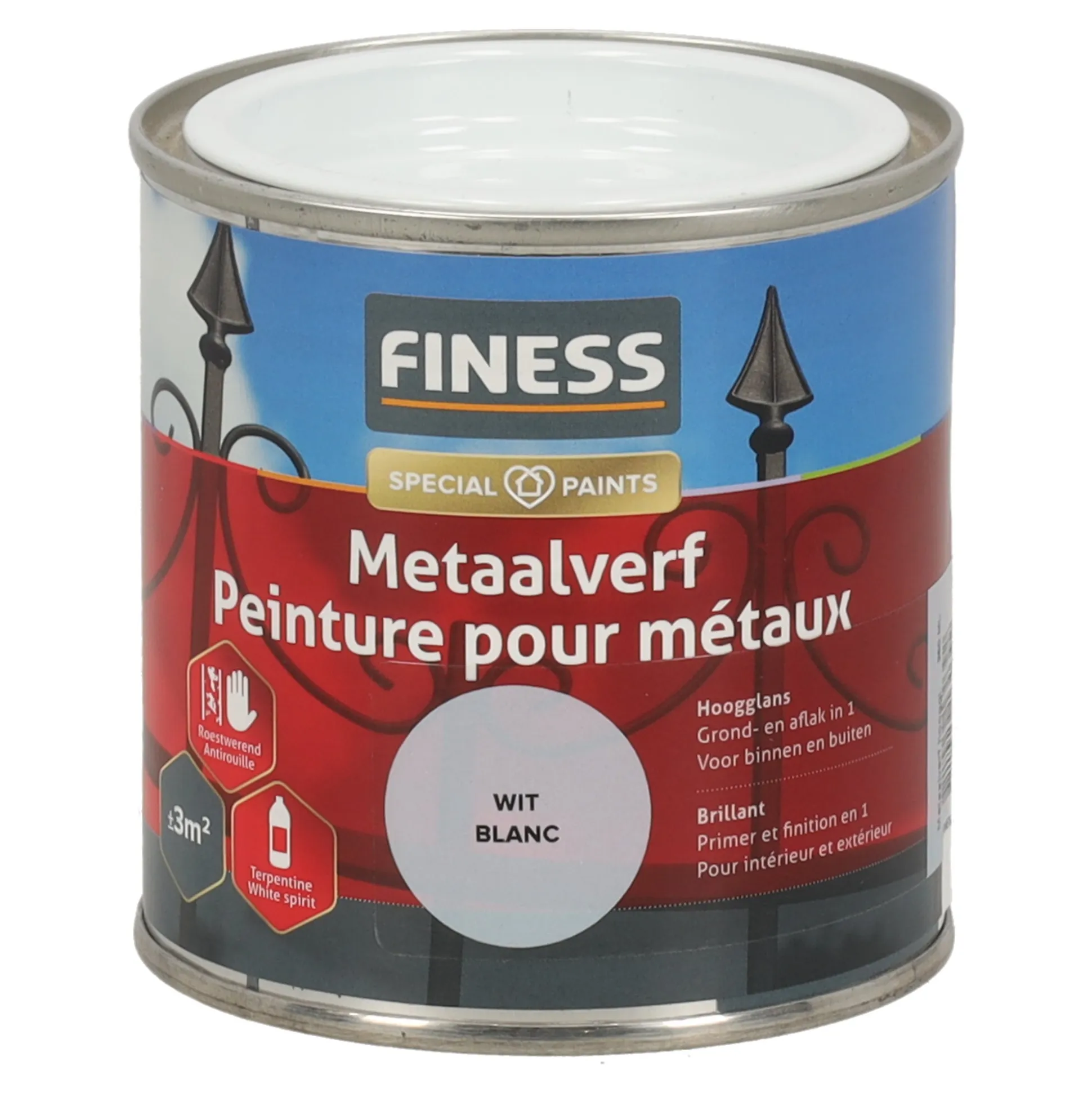 Metaalverf hoogglans wit 9010 250ml Finess