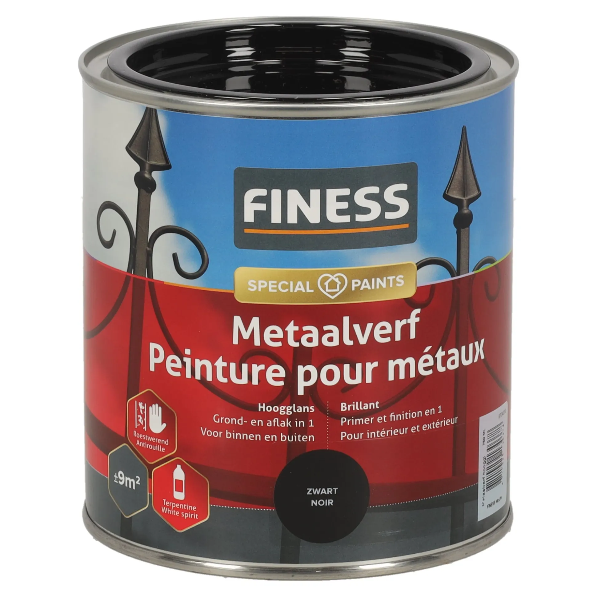 Metaalverf hoogglans zwart 750ml Finess