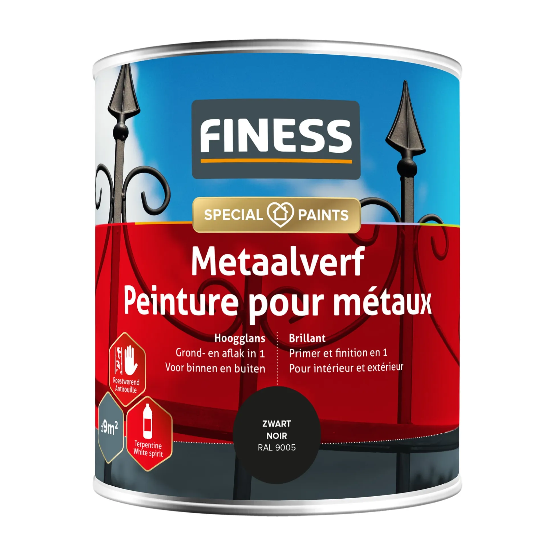 Metaalverf hoogglans zwart 750ml Finess