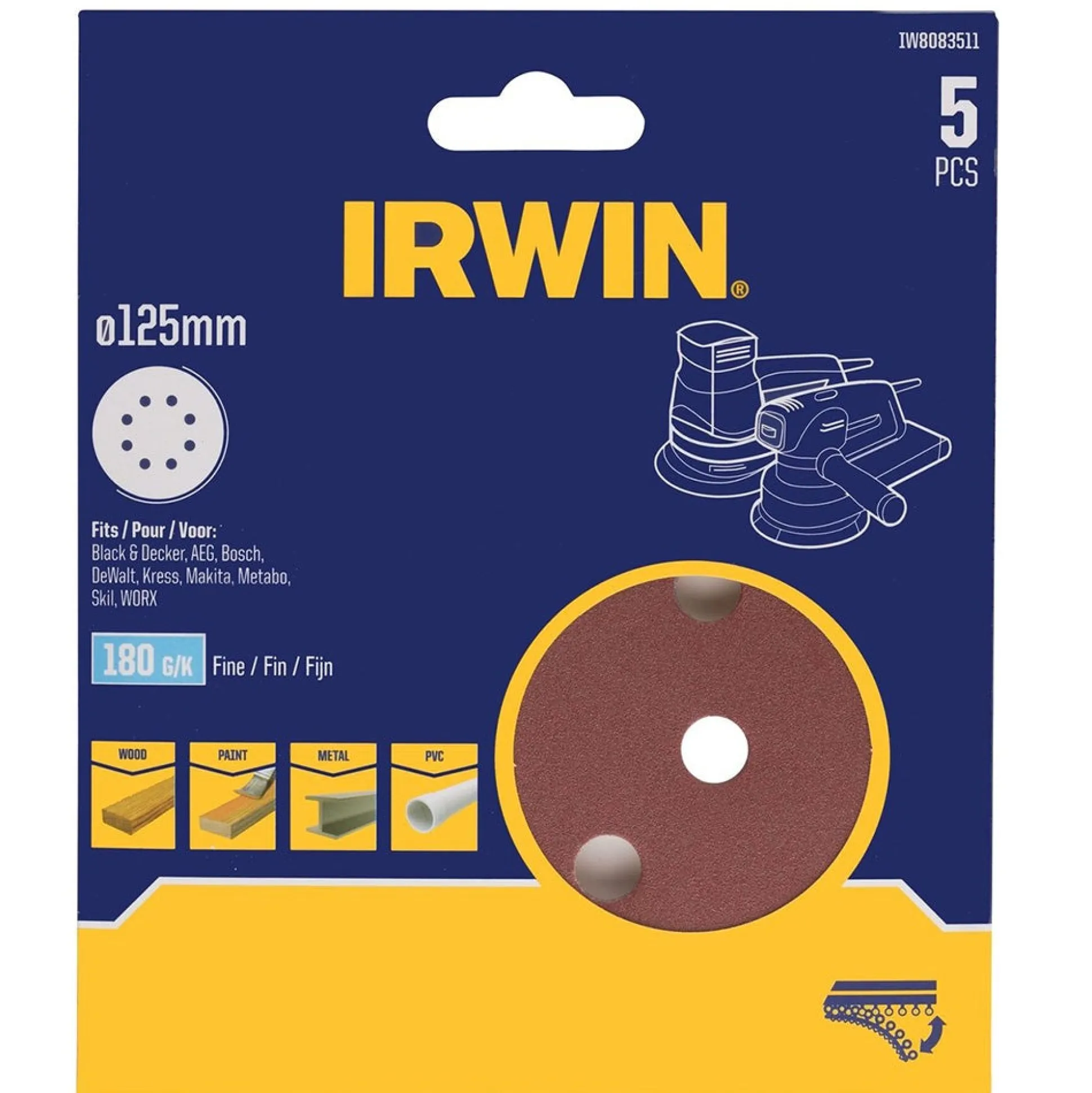 Schuurschijf Ø125mm K180 5st. Irwin