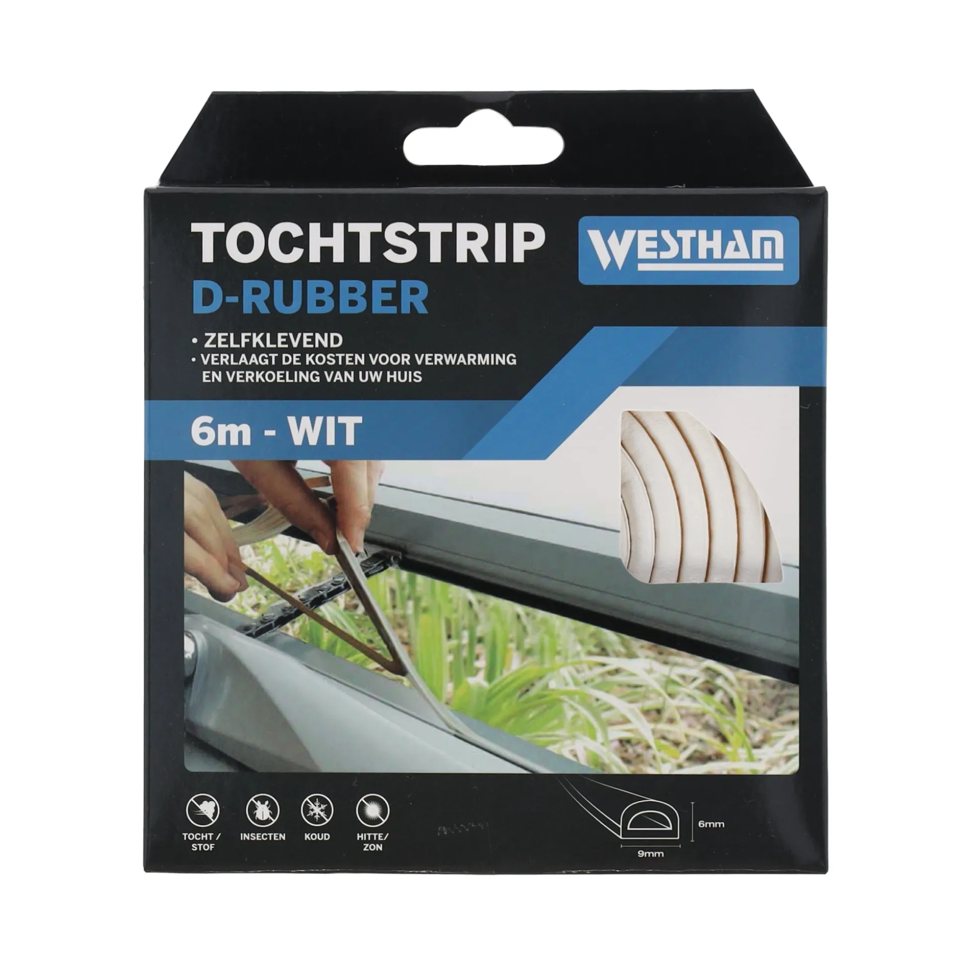 Tochtstrip D rubber 6 m wit