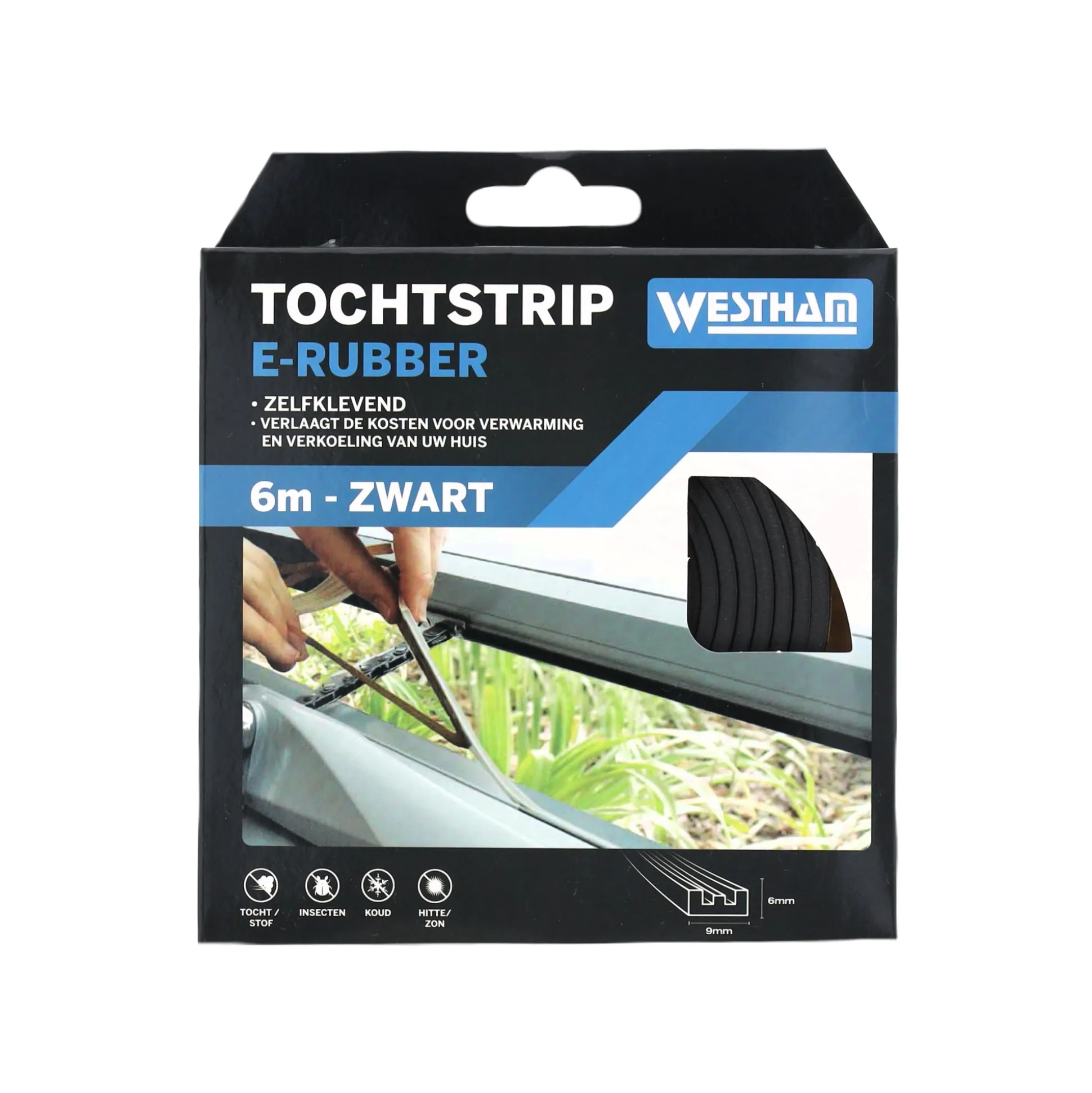 Tochtstrip E rubber 6 m zwart